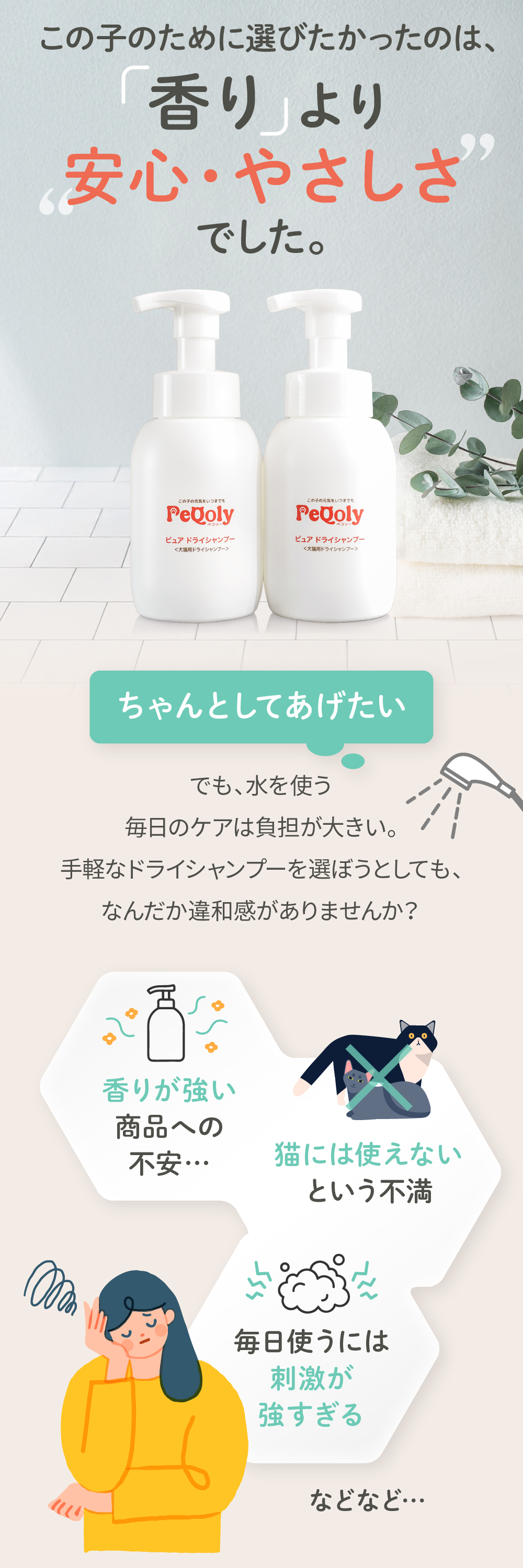 香りより安心とやさしさを重視したペット用ドライシャンプーの説明
