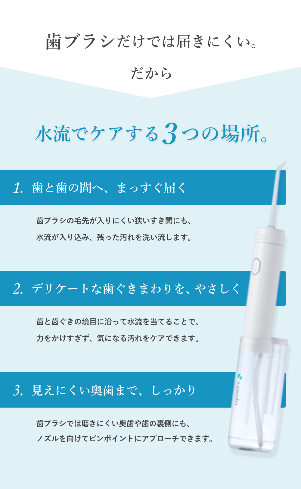 歯ブラシだけでは届きにくい。だから水流でケアする3つの場所。