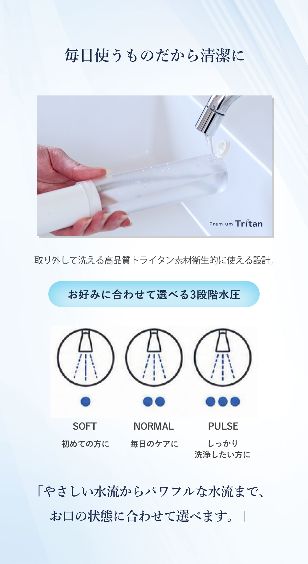 毎日使うものだから清潔に お好みに合わせて選べる3段階水圧 SOFT NORMAL PULSE