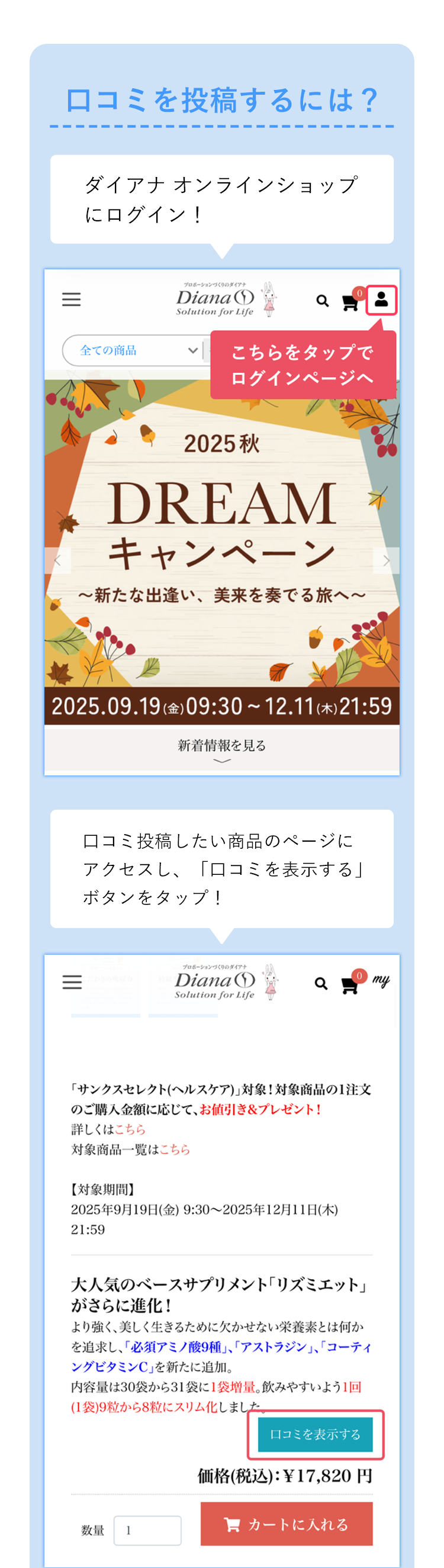 ダイアナオンラインショップでの口コミ投稿手順を説明。